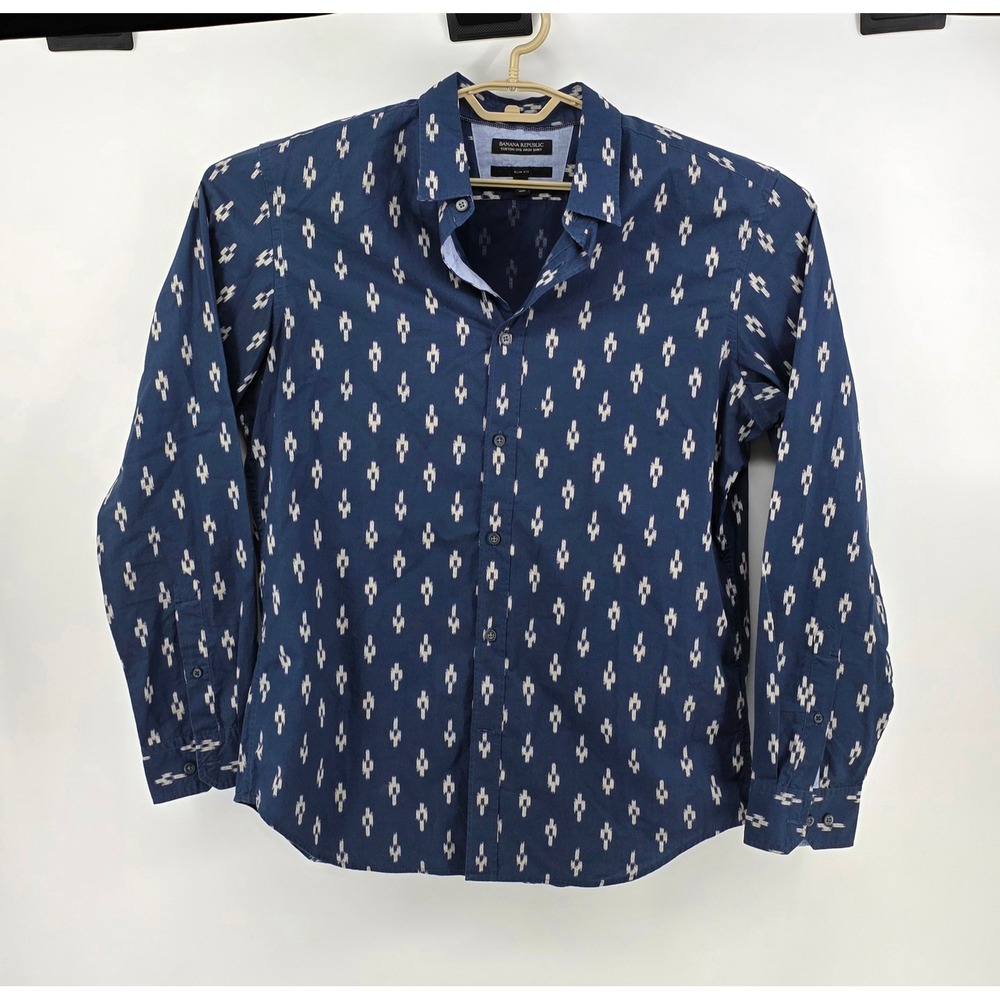 Banana Republic Mens Large Slim Fit Navy Blue Ikat‎ Print Button Down Shirt